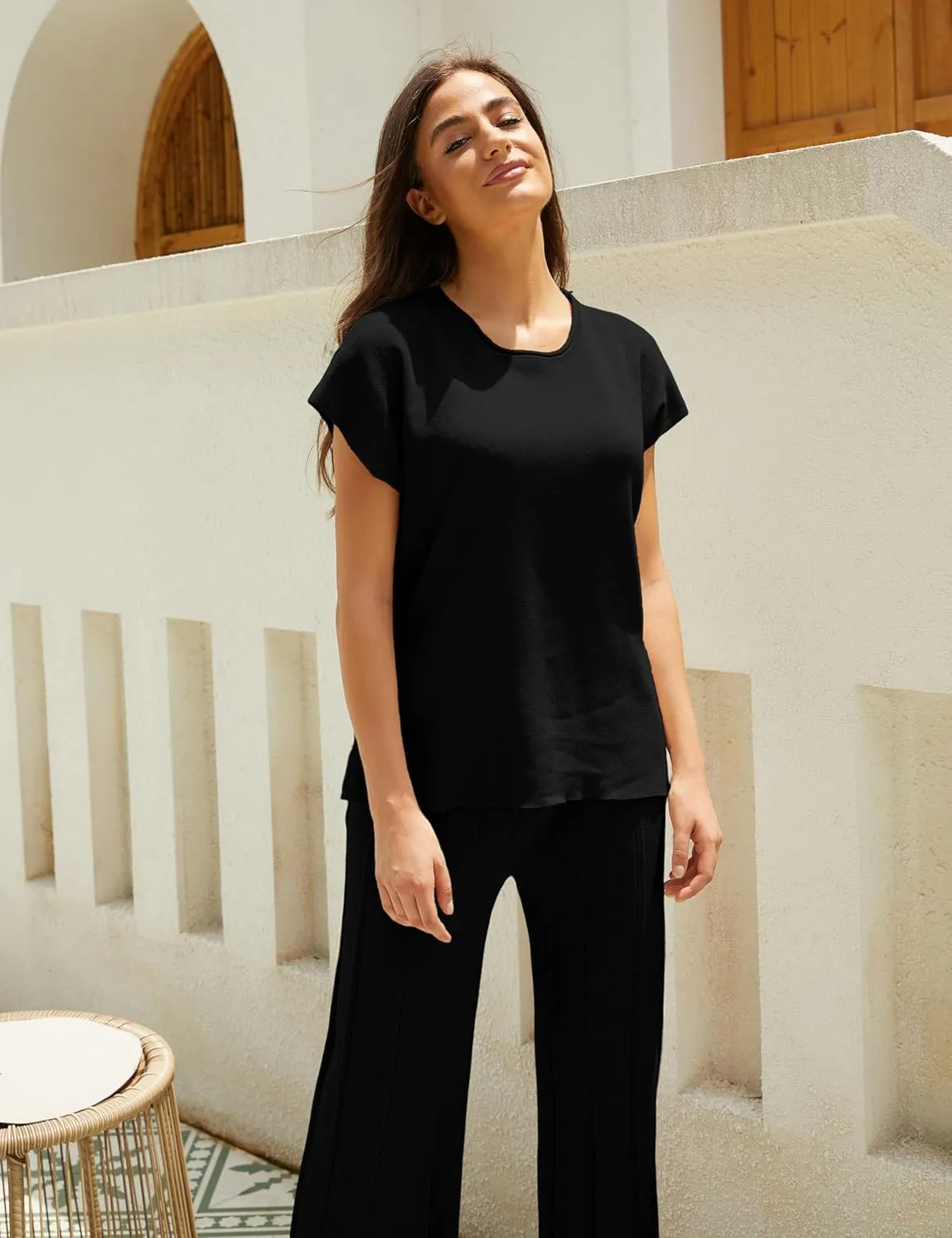2 Piece Outfits for Women Sweater Sets Knit Vest Tops Elastic Waisted Pants
