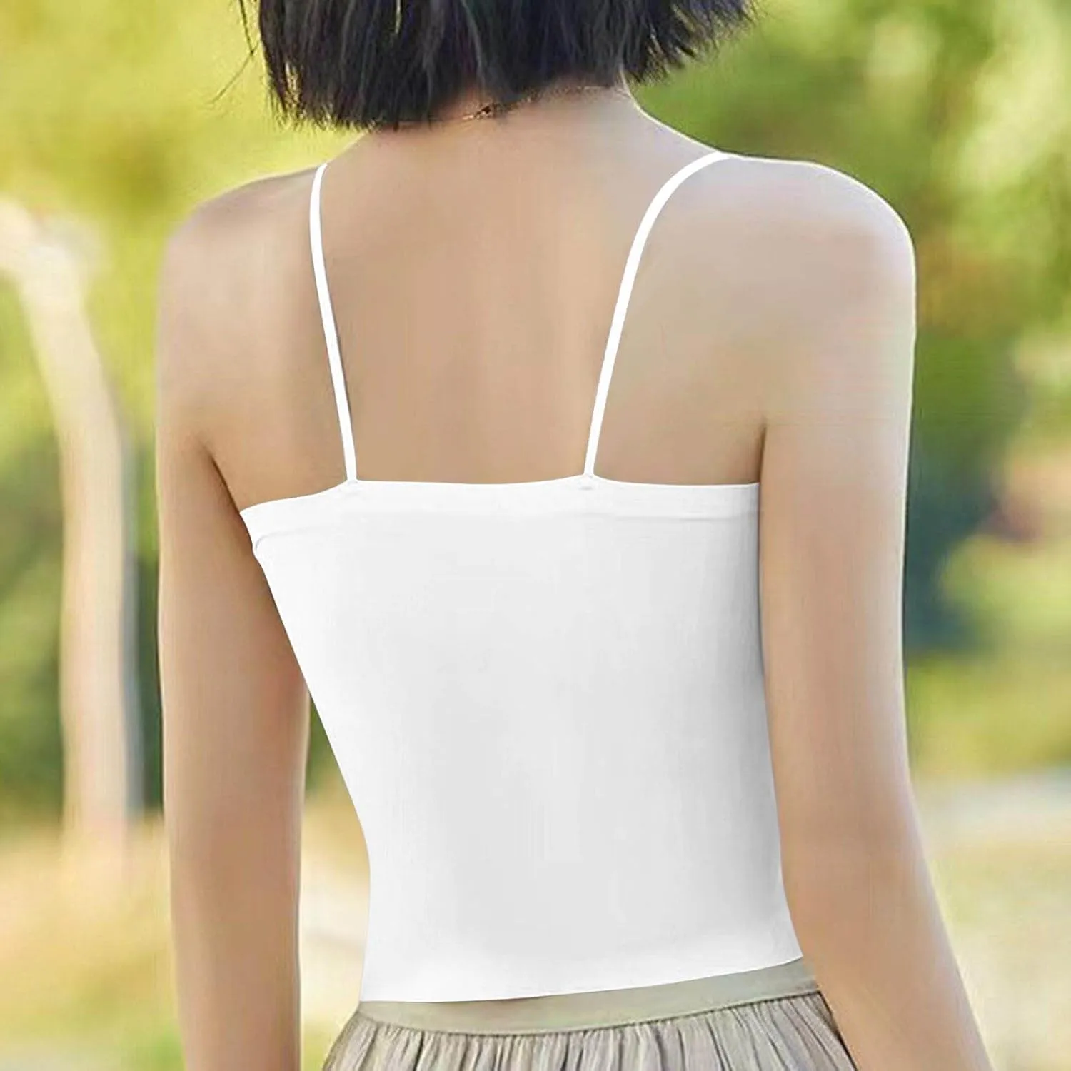 2025 Hot New Shirred Crop Cami Tops for Women Spaghetti Strap Built in Bra Camisoles Summer Sleeveless Slim Rave Tees