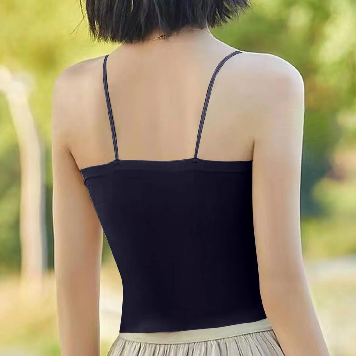 2025 Hot New Shirred Crop Cami Tops for Women Spaghetti Strap Built in Bra Camisoles Summer Sleeveless Slim Rave Tees