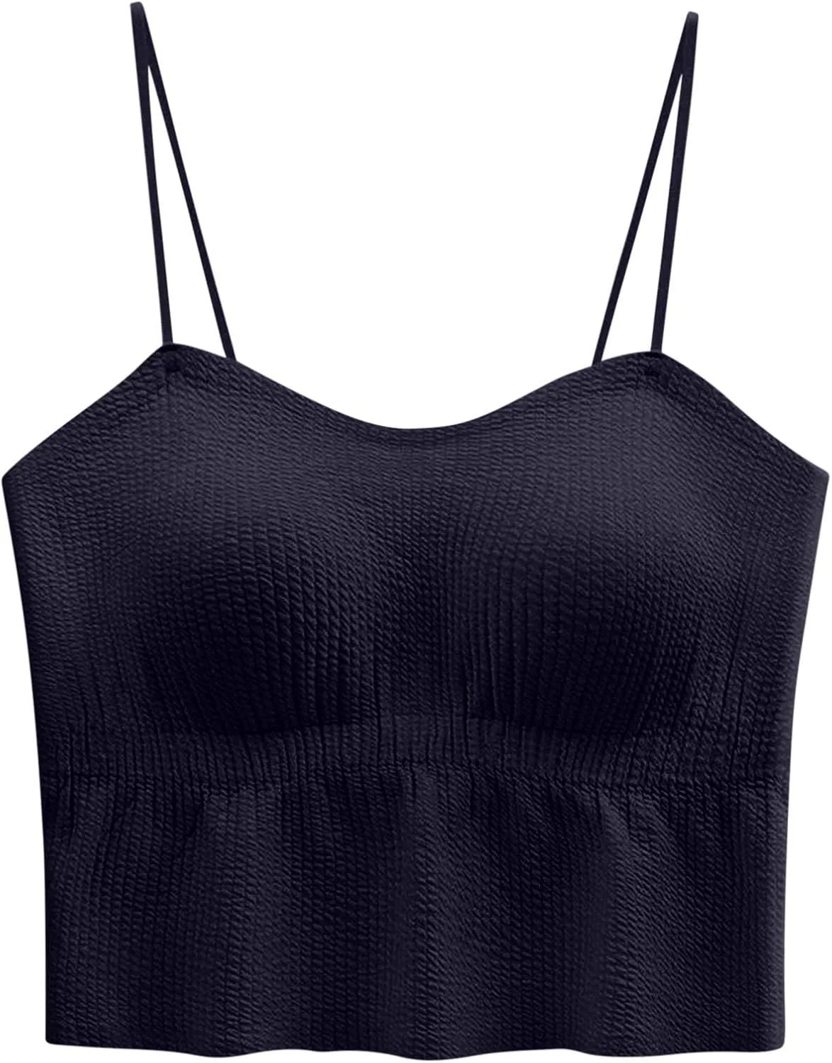 2025 Hot New Shirred Crop Cami Tops for Women Spaghetti Strap Built in Bra Camisoles Summer Sleeveless Slim Rave Tees
