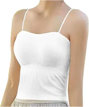 2025 Hot New Shirred Crop Cami Tops for Women Spaghetti Strap Built in Bra Camisoles Summer Sleeveless Slim Rave Tees