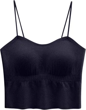 2025 Hot New Shirred Crop Cami Tops for Women Spaghetti Strap Built in Bra Camisoles Summer Sleeveless Slim Rave Tees