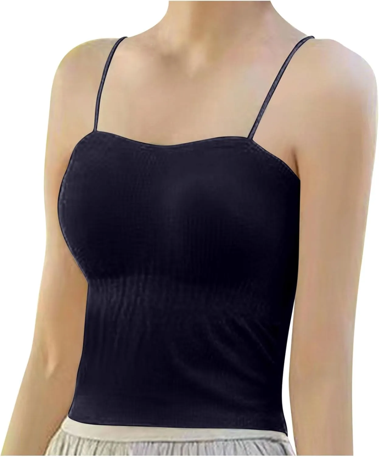 2025 Hot New Shirred Crop Cami Tops for Women Spaghetti Strap Built in Bra Camisoles Summer Sleeveless Slim Rave Tees