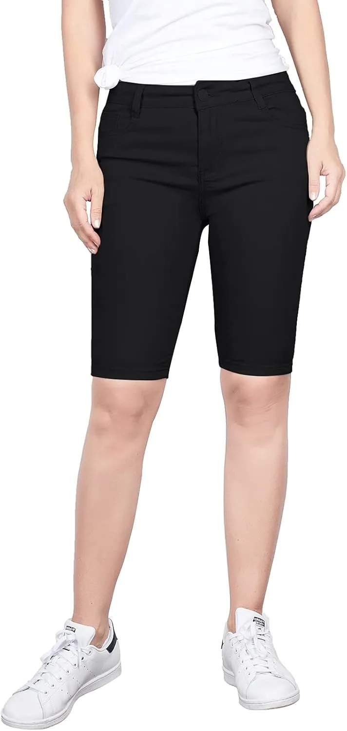 2LUV Women's Stretchy Soft Skinny Easy Fit Stretchy 5 Pocket Mid-Rise Solid Color Classic Skinny Bermuda Shorts Ultra Stretch Comfy Black 11
