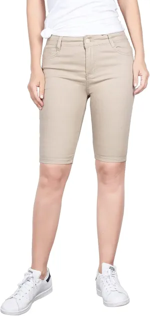 2LUV Women's Stretchy Soft Skinny Easy Fit Stretchy 5 Pocket Mid-Rise Solid Color Classic Skinny Bermuda Shorts Ultra Stretch Comfy Khaki 9