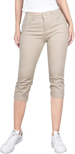 2LUV Women's Stretchy Soft Skinny Easy Fit Stretchy 5 Pocket Mid-Rise Solid Color Classic Skinny Capri Uniform Pants Ultra Stretch Comfy Khaki 9