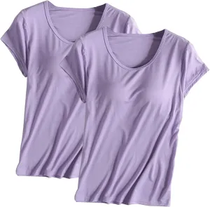 2PCS T-Shirt with Built-in Bra Women Workout Yoga Tops Short Sleeve Padded Bras Soft Pajama Plus Size Athletic Shirts