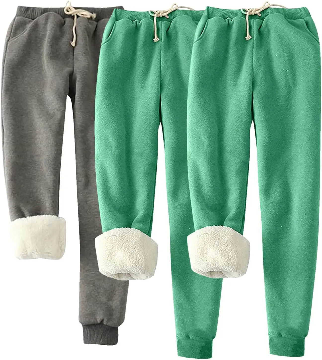 3 Pack Sherpa Lined Jogger Pants Women Winter Warm Drawstring Elastic Waist Sweatpants Plus Size Loungewear Bottoms