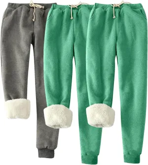 3 Pack Sherpa Lined Jogger Pants Women Winter Warm Drawstring Elastic Waist Sweatpants Plus Size Loungewear Bottoms