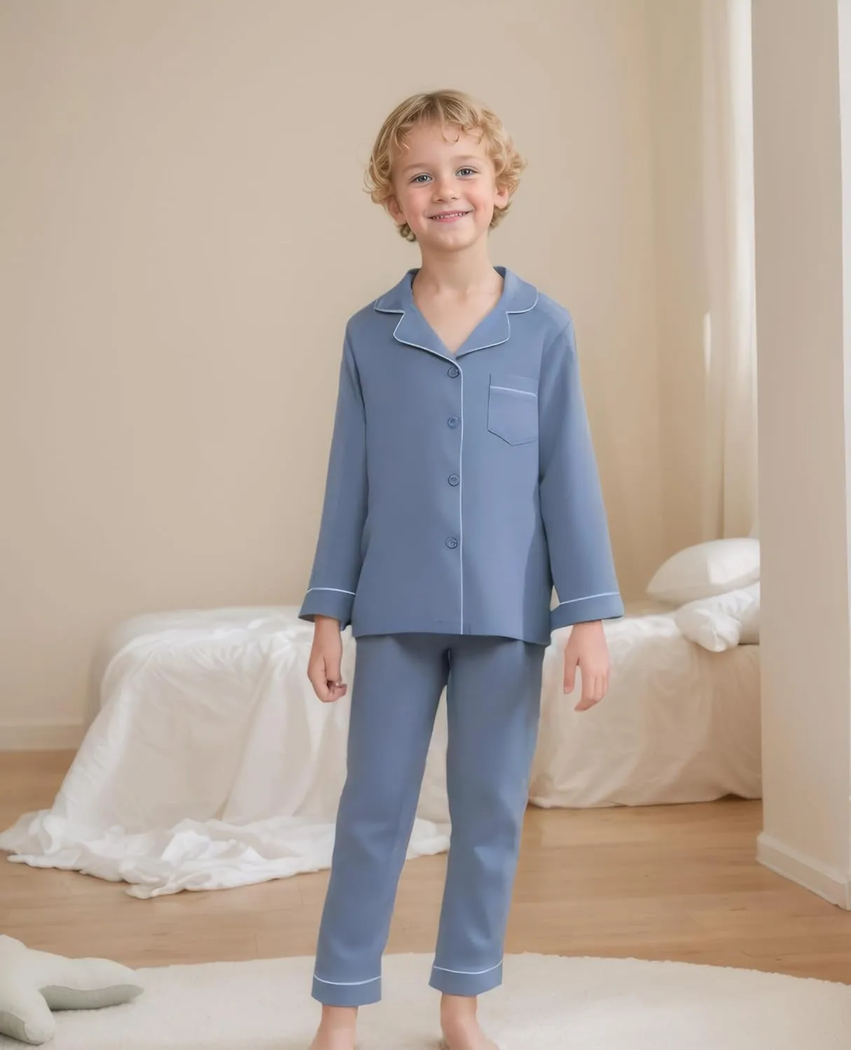 Aablexema Unisex Kids Pajamas Set Button-Down Long Sleeve Cotton Sleepwear Lounge Set for 5-13 Years