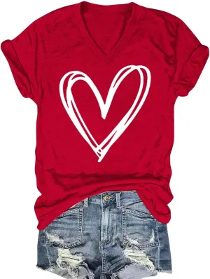 Abstract Heart Sketch V Neck Short Sleeve T Shirt for Women Casual Love Graphic Tee Valentines Shirts for Women