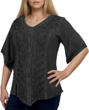 Agan Traders 2025 Summer Medieval Vintage Short Sleeve Embroidered Blouses - Button Down Comfy Summer Tops for Women