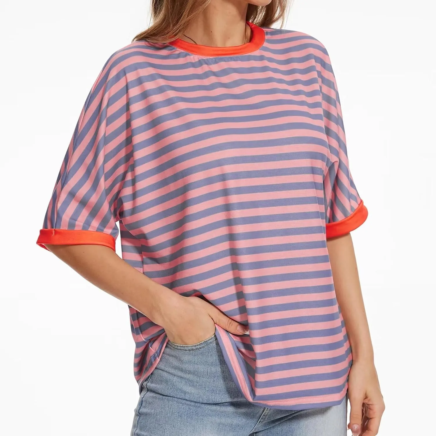 Ahtyeo Women's Oversized T Shirts Striped Short Sleeve Crew Neck Summer Tops Casual Basic Tee 2024 Trendy Shirts
