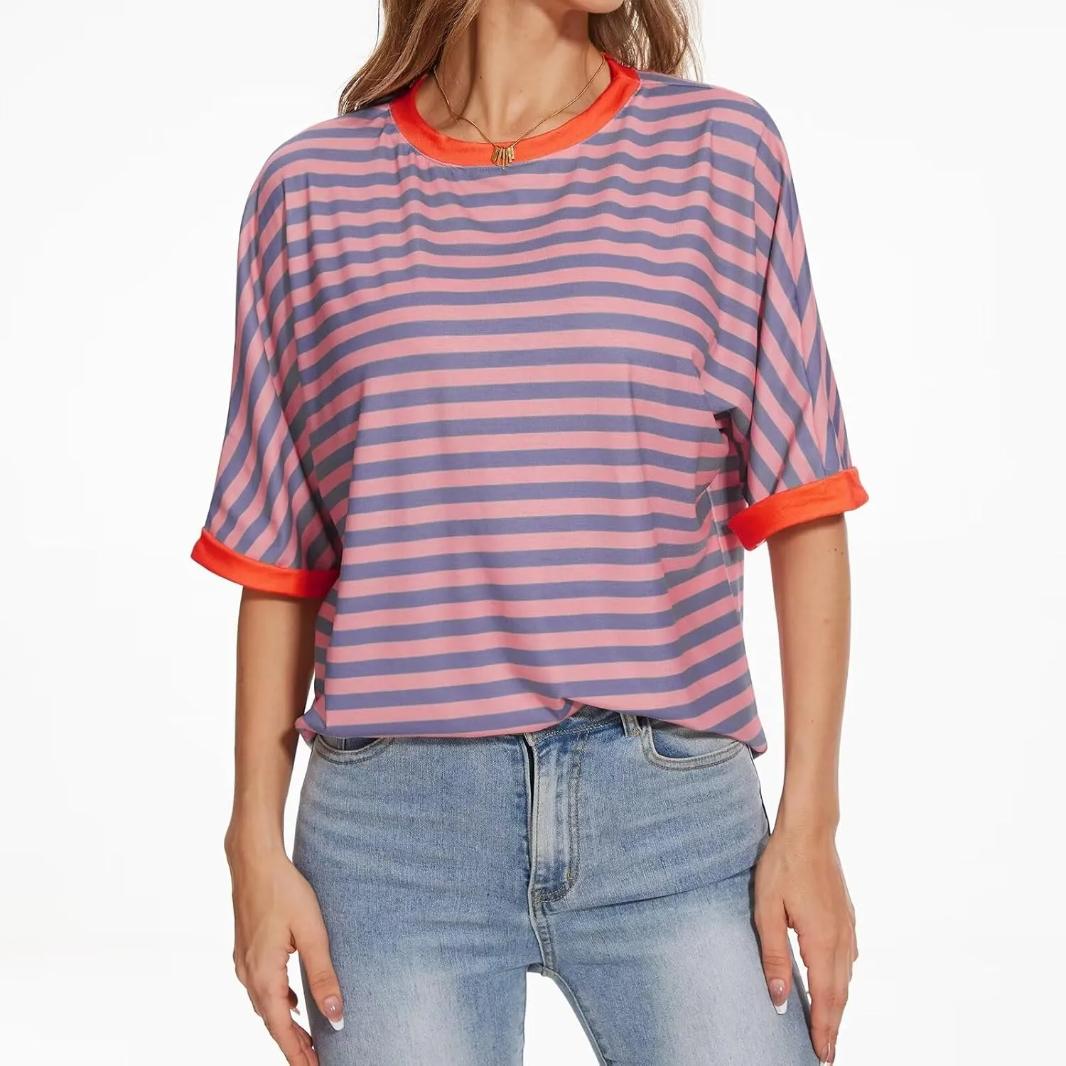 Ahtyeo Women's Oversized T Shirts Striped Short Sleeve Crew Neck Summer Tops Casual Basic Tee 2024 Trendy Shirts