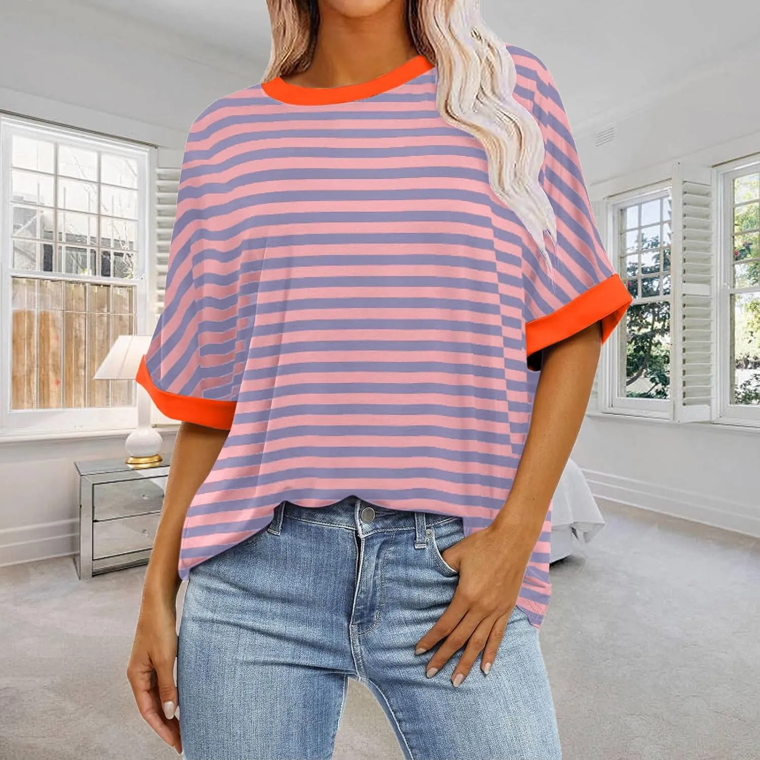 Ahtyeo Women's Oversized T Shirts Striped Short Sleeve Crew Neck Summer Tops Casual Basic Tee 2024 Trendy Shirts