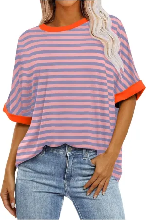 Ahtyeo Women's Oversized T Shirts Striped Short Sleeve Crew Neck Summer Tops Casual Basic Tee 2024 Trendy Shirts