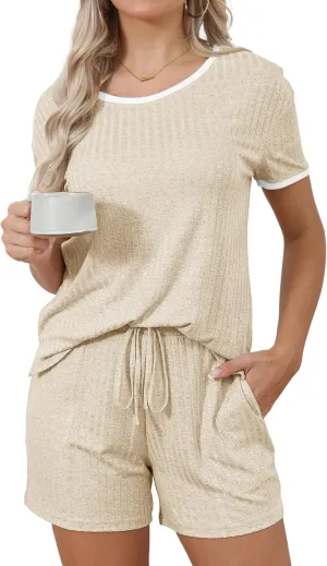 Anbech Womens Pajamas 2 Piece Ribbed Sleepwear Outfits Short Sleeve Matching Lounge Set