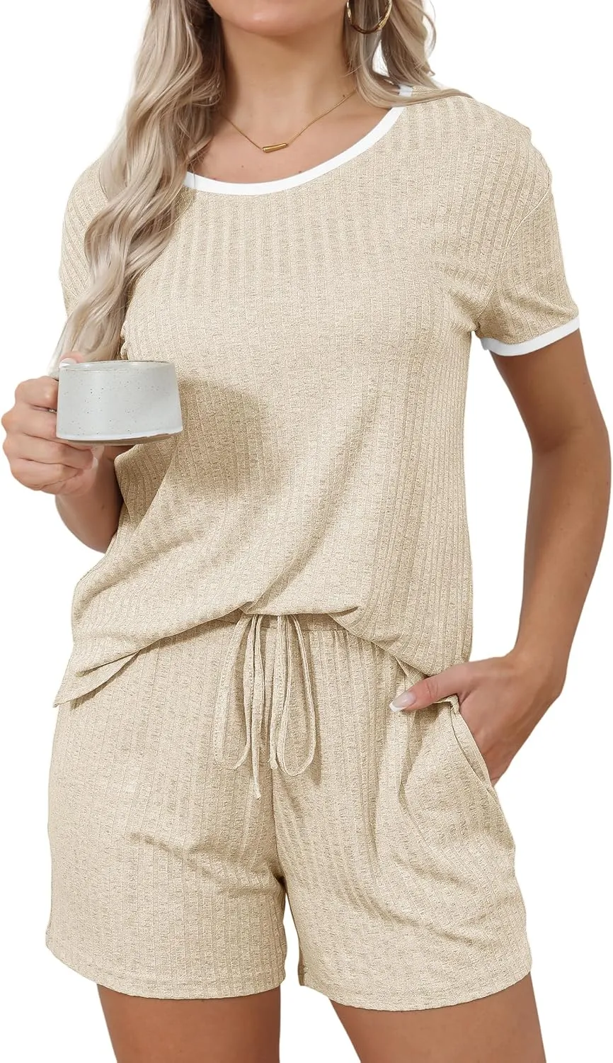 Anbech Womens Pajamas 2 Piece Ribbed Sleepwear Outfits Short Sleeve Matching Lounge Set