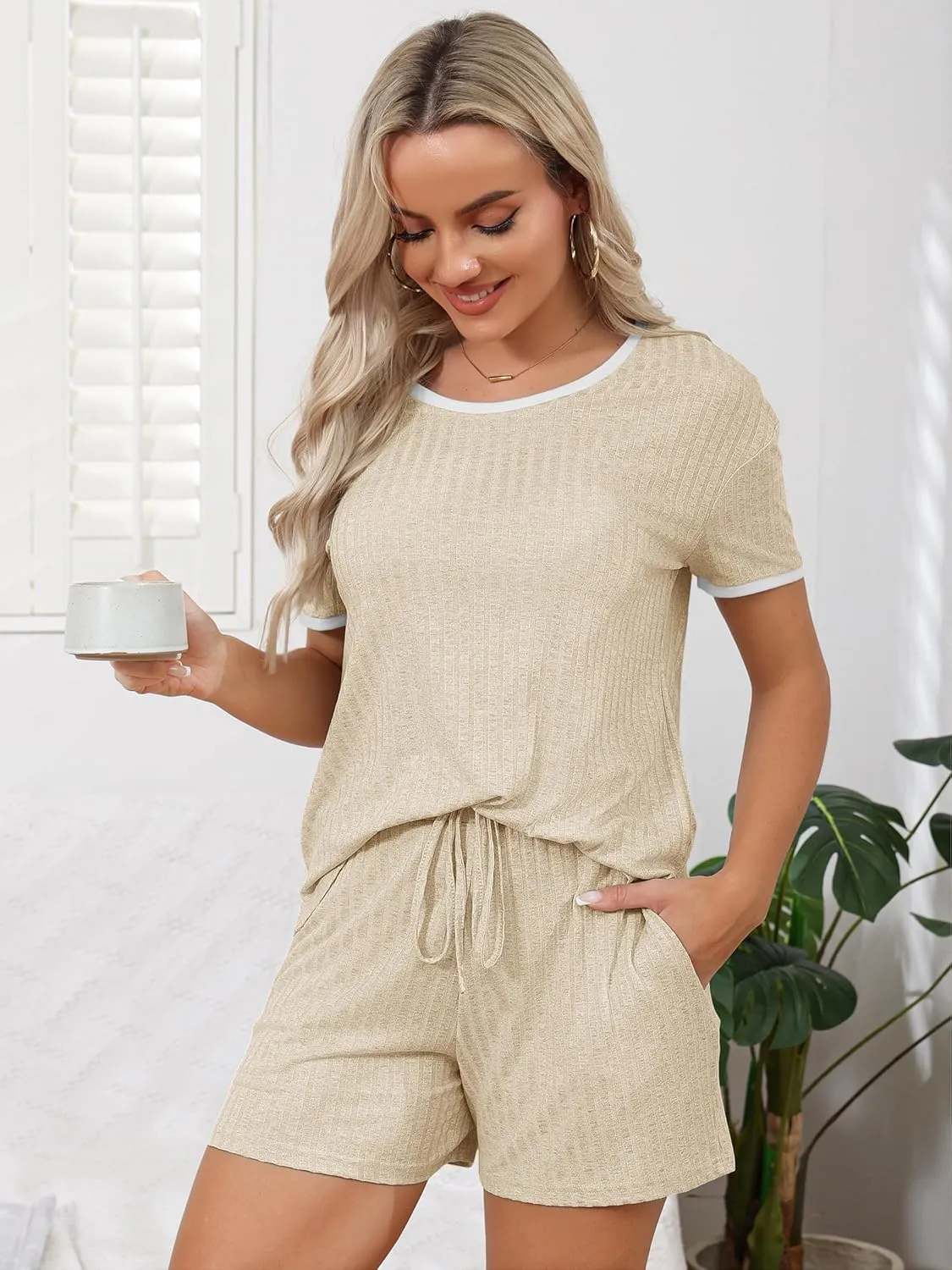 Anbech Womens Pajamas 2 Piece Ribbed Sleepwear Outfits Short Sleeve Matching Lounge Set
