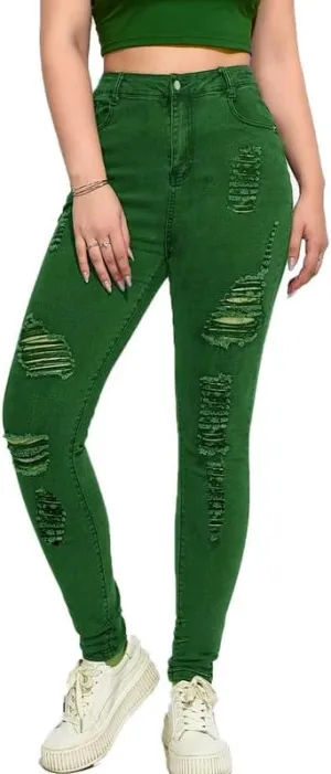 Andongnywell High Waisted Skinny Jeans for Women - Ripped,Distressed Jeans Stretchy Jegging Denim Pants Army Green