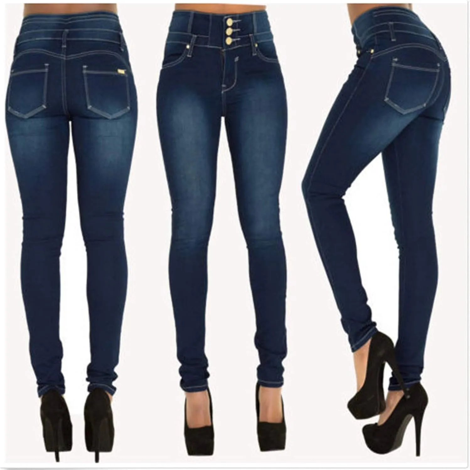 Andongnywell Women Button High Waist Skinny Jeans Colombian Design Butt Lift Jeans Plus Size Stretch High Rise Skinnys
