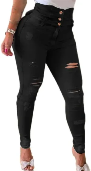 Andongnywell Women Button High Waist Skinny Jeans Colombian Design Butt Lift Jeans Plus Size Stretch High Rise Skinnys