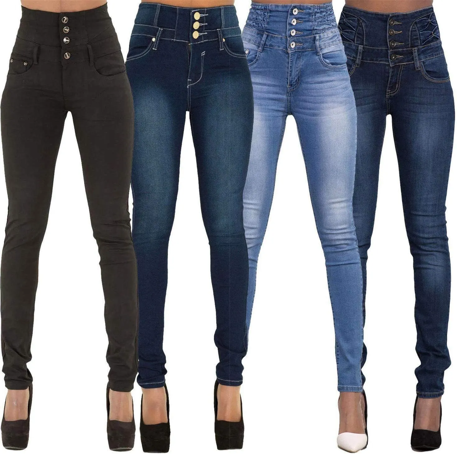 Andongnywell Women Button High Waist Skinny Jeans Colombian Design Butt Lift Jeans Plus Size Stretch High Rise Skinnys