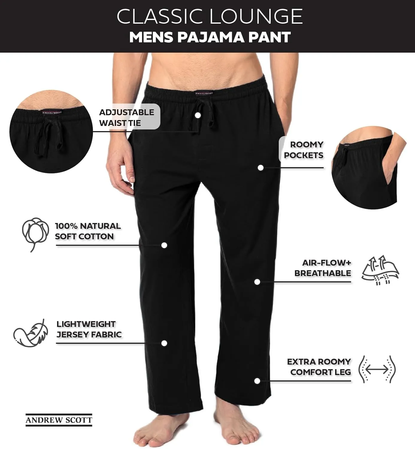 Andrew Scott Men's Lounge Pants | Multi Packs & Colors | Soft & Light Cotton Drawstring Yoga Lounge & Sleep PJ Pants
