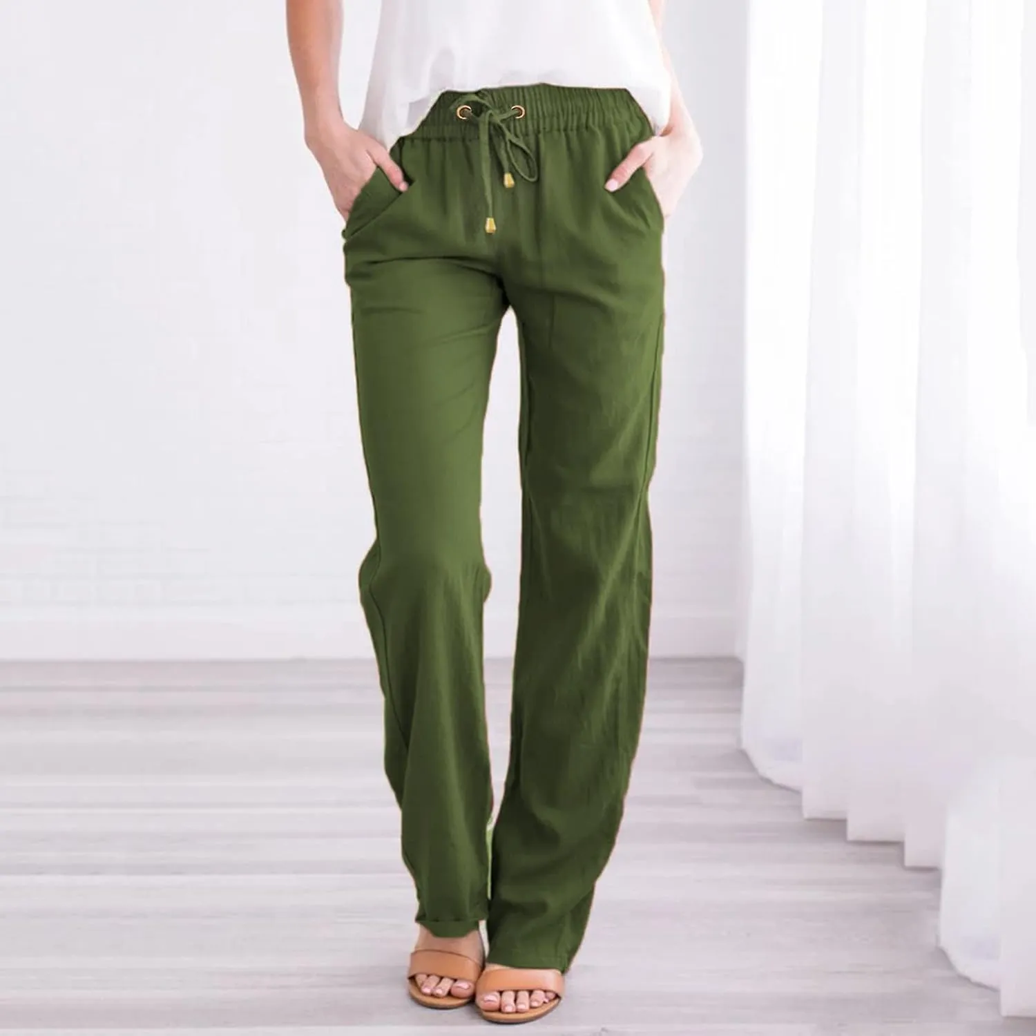 Aniwyn Women's Wide Leg Comfy Pants Casual Loose Cotton Linen High Waisted Cozy Loungewear Yoga Pants with Pockets