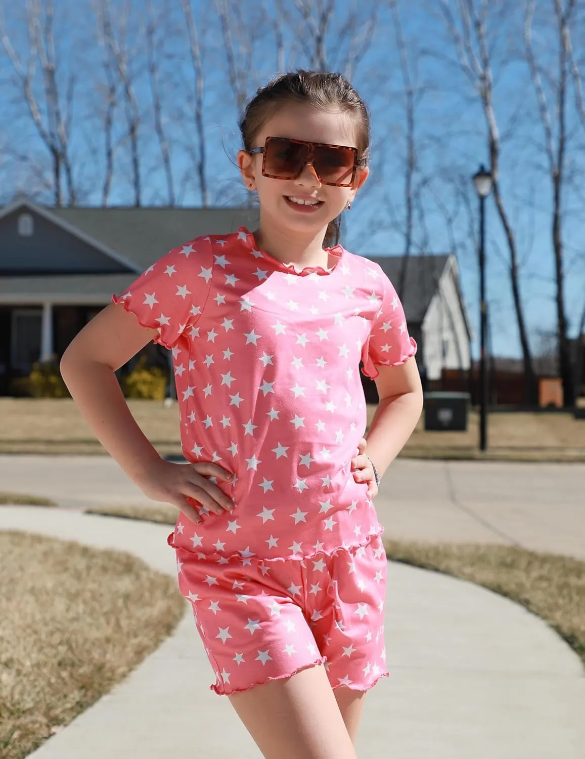 Arshiner Girls Pajama Set Short Sleeve Lounge Set Soft Shirring Summer Sleepwear Pj Sets
