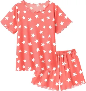 Arshiner Girls Pajama Set Short Sleeve Lounge Set Soft Shirring Summer Sleepwear Pj Sets