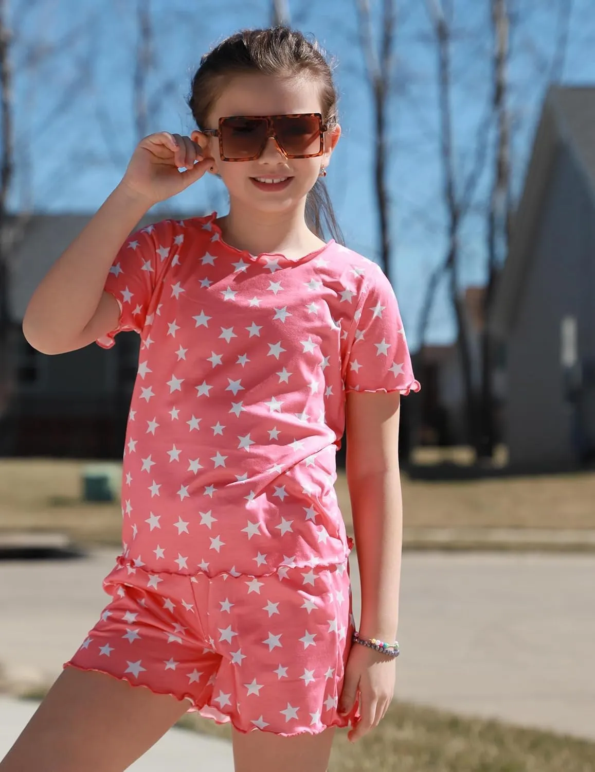 Arshiner Girls Pajama Set Short Sleeve Lounge Set Soft Shirring Summer Sleepwear Pj Sets