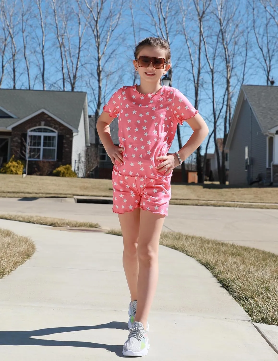 Arshiner Girls Pajama Set Short Sleeve Lounge Set Soft Shirring Summer Sleepwear Pj Sets