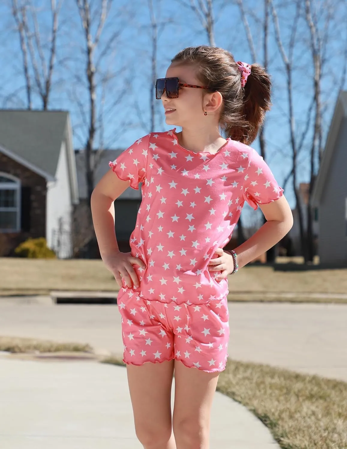 Arshiner Girls Pajama Set Short Sleeve Lounge Set Soft Shirring Summer Sleepwear Pj Sets