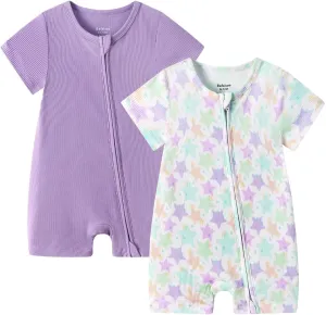 Bafeicao Baby 2 Pack Bamboo Viscose Sleeper Romper Soft Ribbed Short Sleeve 2 Way Zipper Summer Pajamas Clothes