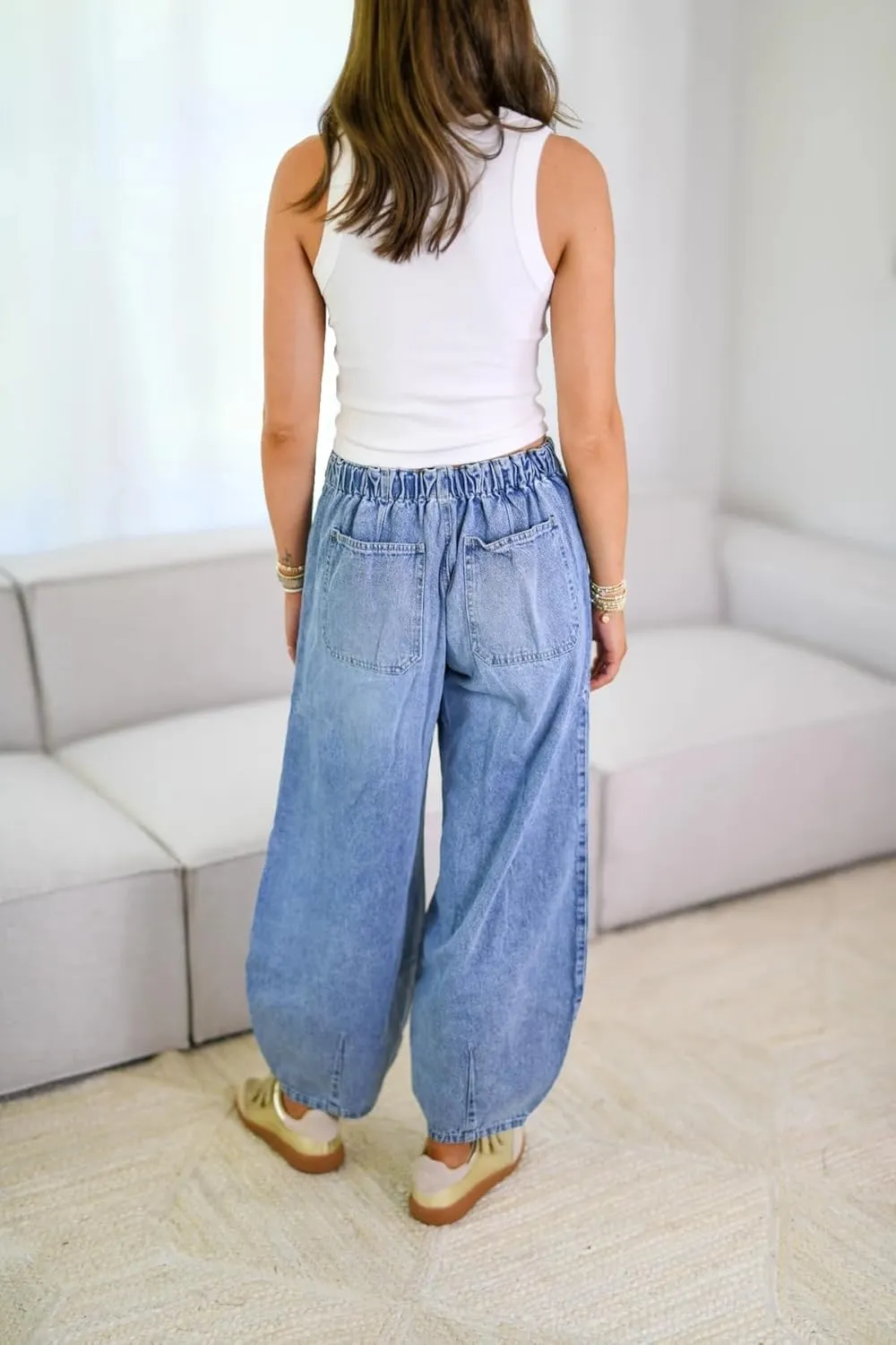 Baifan Women's Baggy Jeans Mid-Waist Drawstring Elastic Waistband Denim Pants