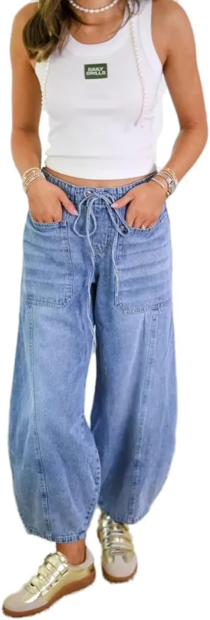 Baifan Women's Baggy Jeans Mid-Waist Drawstring Elastic Waistband Denim Pants