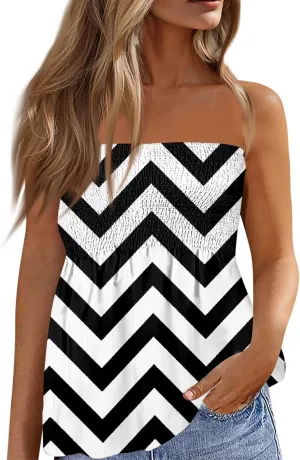 Bandeau Tops for Women Smocked Ruffled Sleeveless Bandeau Floral Print Strapless Tube Tops Business Casual Tanks