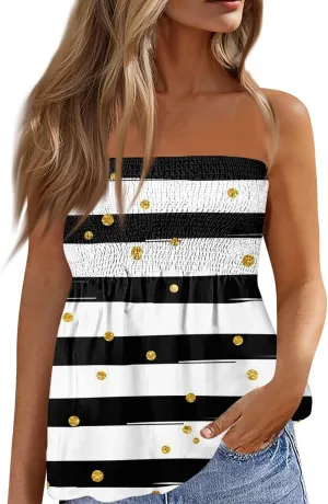 Bandeau Tops for Women Smocked Ruffled Sleeveless Bandeau Floral Print Strapless Tube Tops Business Casual Tanks