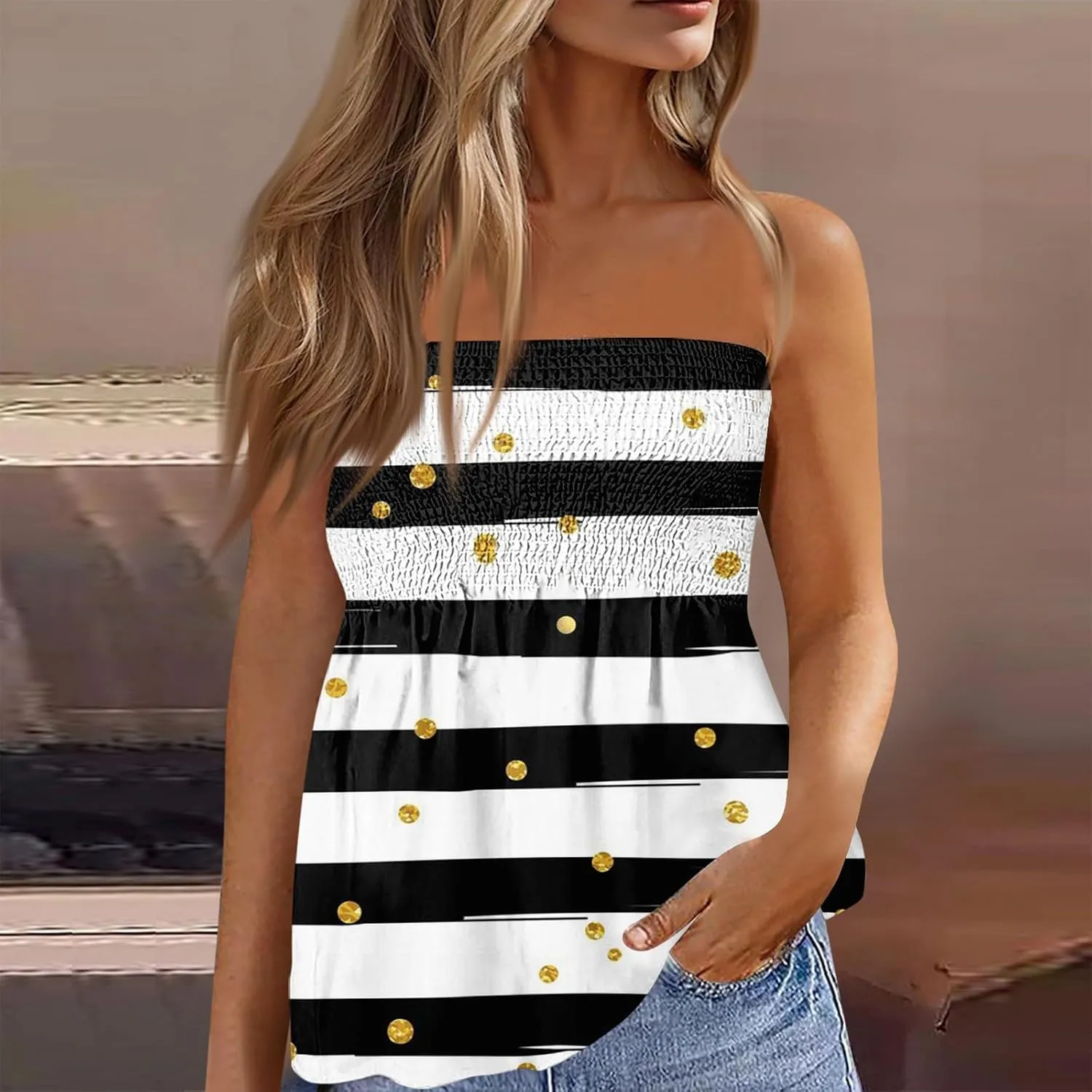 Bandeau Tops for Women Smocked Ruffled Sleeveless Bandeau Floral Print Strapless Tube Tops Business Casual Tanks