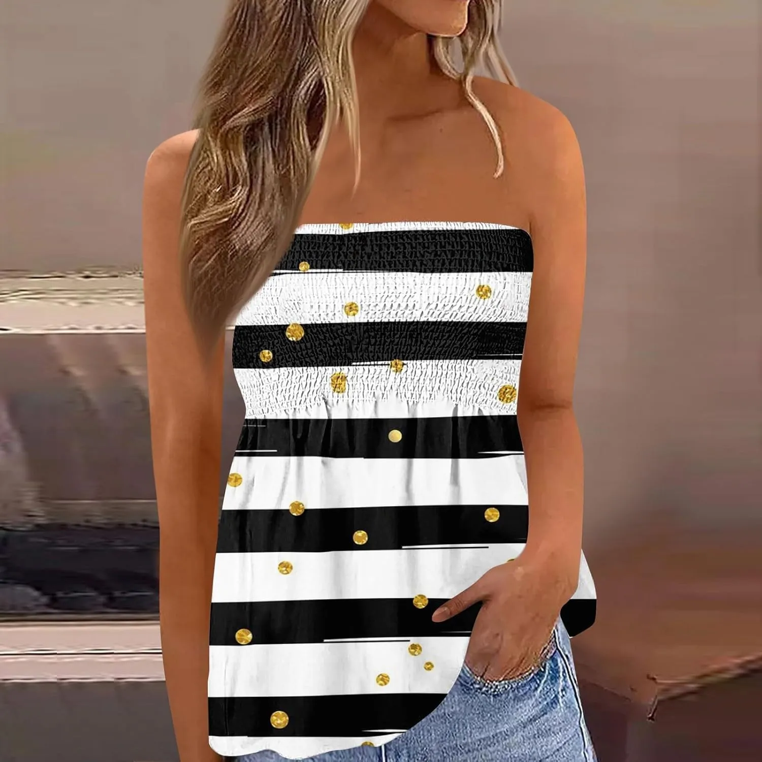 Bandeau Tops for Women Smocked Ruffled Sleeveless Bandeau Floral Print Strapless Tube Tops Business Casual Tanks
