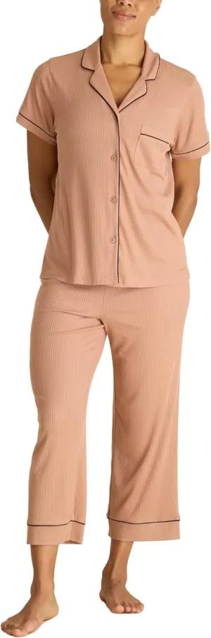 BCBGMAXAZRIA Women's Ribbed Pajama Set Short Sleeve Notch Collar with Pants