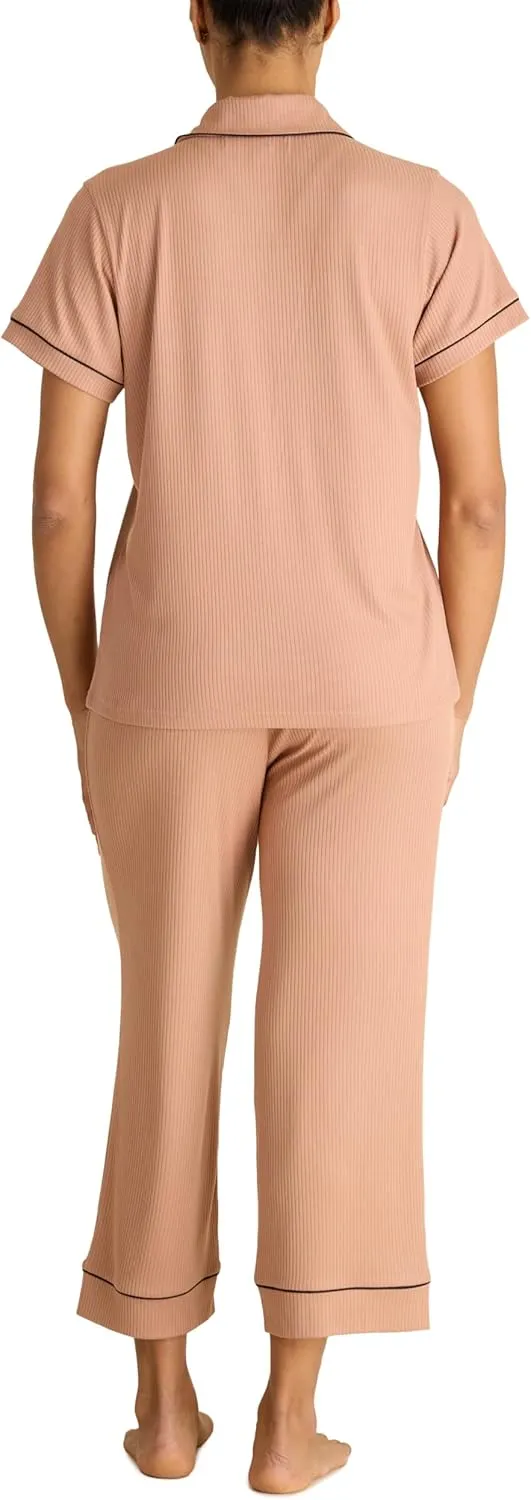 BCBGMAXAZRIA Women's Ribbed Pajama Set Short Sleeve Notch Collar with Pants