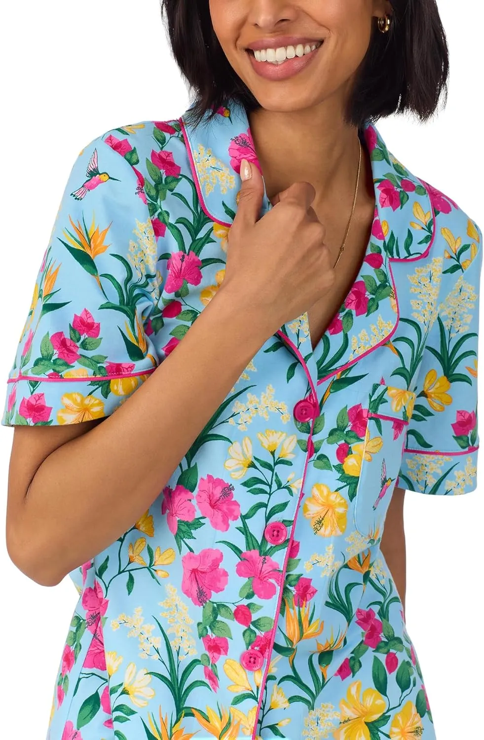 BedHead PJs Womens Short Sleeve Notch Collar & Cropped Pants Sleepwear Pajama Set, Organic Cotton