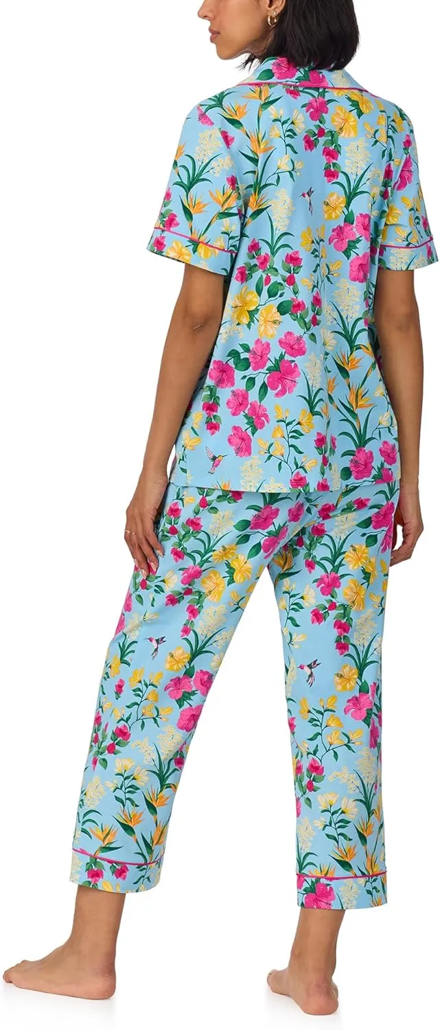 BedHead PJs Womens Short Sleeve Notch Collar & Cropped Pants Sleepwear Pajama Set, Organic Cotton