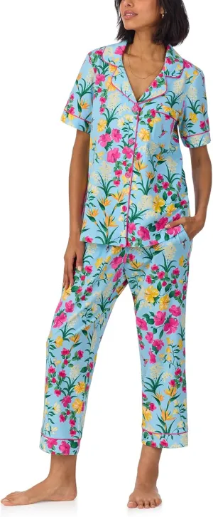 BedHead PJs Womens Short Sleeve Notch Collar & Cropped Pants Sleepwear Pajama Set, Organic Cotton
