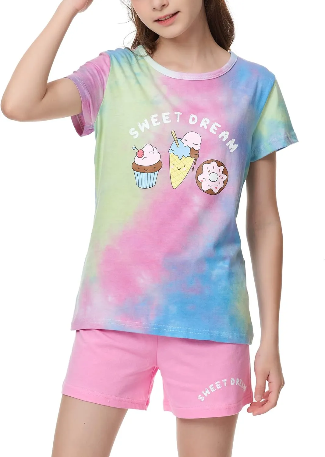 Beezizac Tie Dye Pajamas for Girls - 100% Cotton Glitter Butterfly Cat Summer Short Sleeve PJ Set Tween Clothes Size 4T - 18