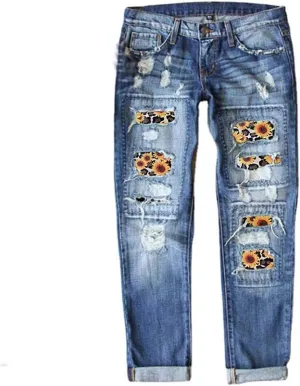 Bengbobar Ripped Jeans Womens Plaid Patch Boyfriend Skinny Distressed Jeans Straight Leg Pants Stretch Denim Jeans with Hole