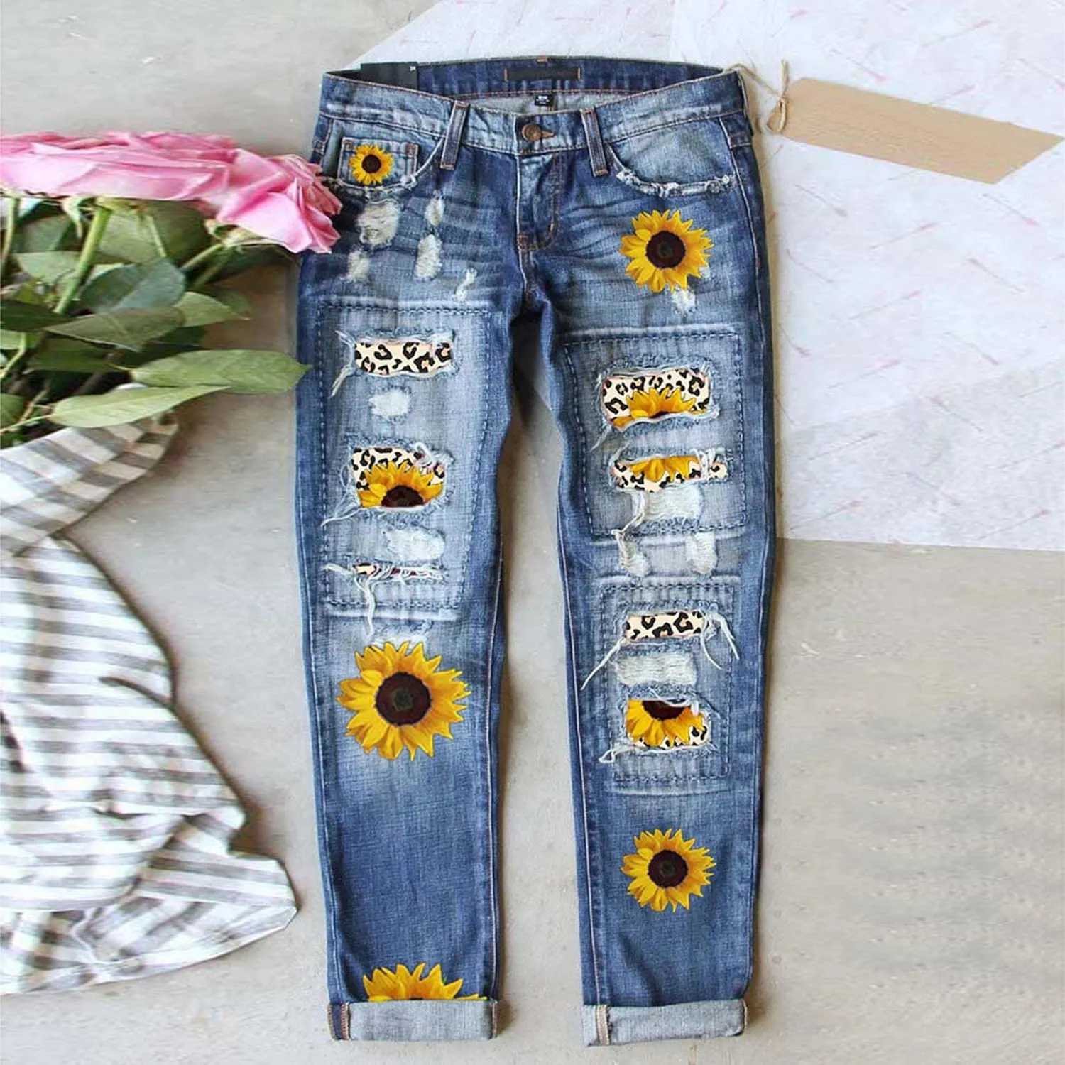 Bengbobar Ripped Jeans Womens Plaid Patch Boyfriend Skinny Distressed Jeans Straight Leg Pants Stretch Denim Jeans with Hole