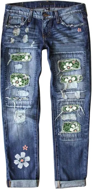Bengbobar Ripped Jeans Womens Plaid Patch Boyfriend Skinny Distressed Jeans Straight Leg Pants Stretch Denim Jeans with Hole
